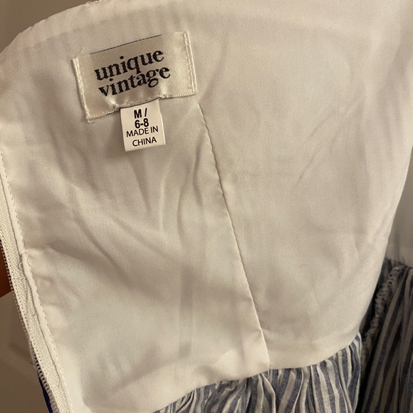 Unique Vintage Blue and White Striped Halter Dress with Embroidered Eyelet Trim - Picture 8 of 13